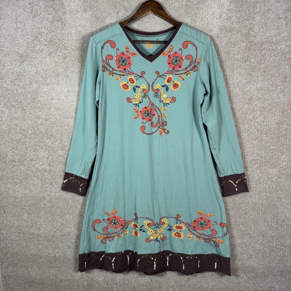 Double D Ranch Dress Womens Small Green Embroidered Floral Sequin Boho Tunic